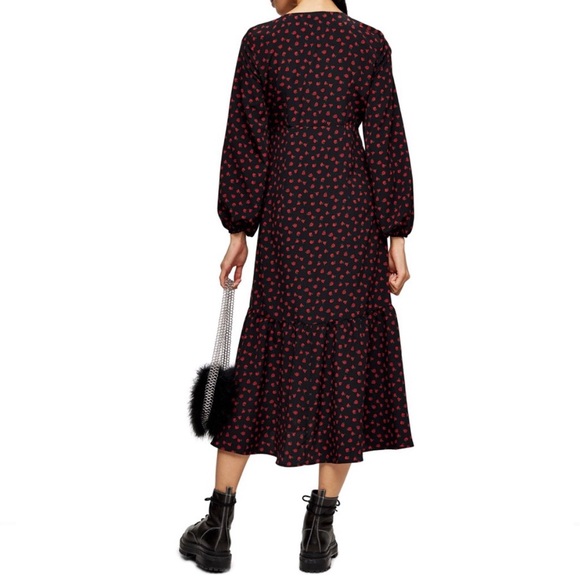 Topshop Black Floral Rose Print Button Down V Neck Midi Dress - Picture 2 of 9